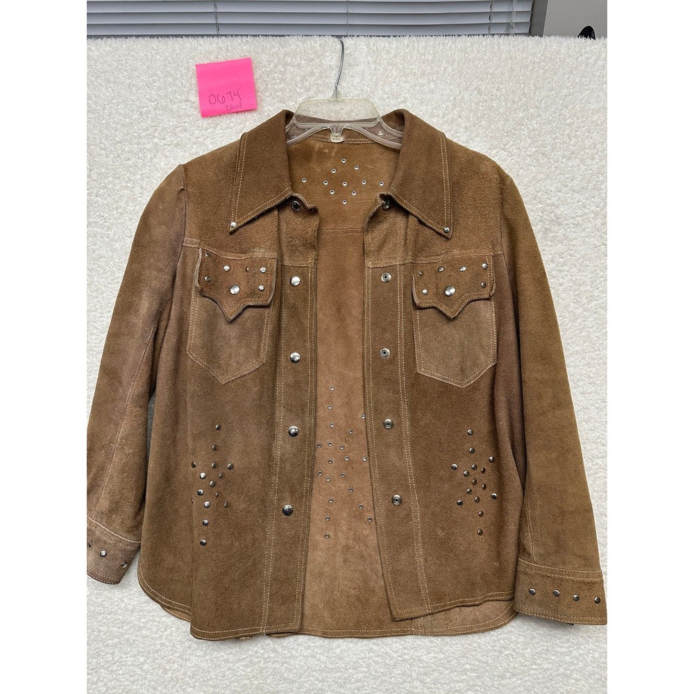 Vintage Brown Suede Leather Studded Western Shirt Jacket Womens Small Medium